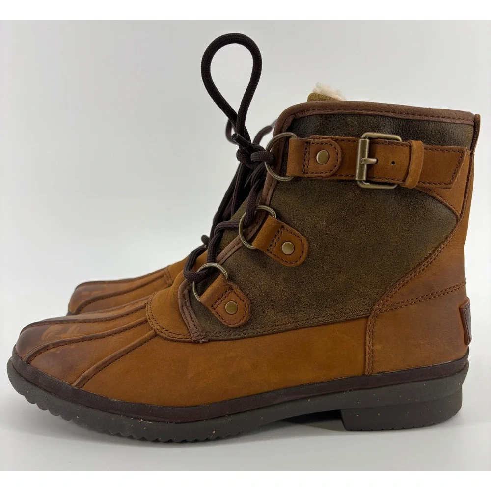 UGG Cecile Waterproof Duck Boots Women's 8.5 Brown Leather Shearling Lined